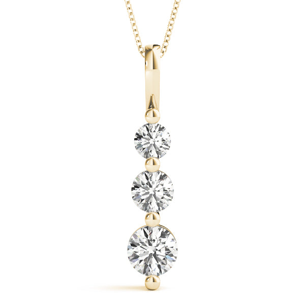 14k gold pendant featuring three round lab-grown diamonds in a vertical prong setting, symbolizing unity and balance.