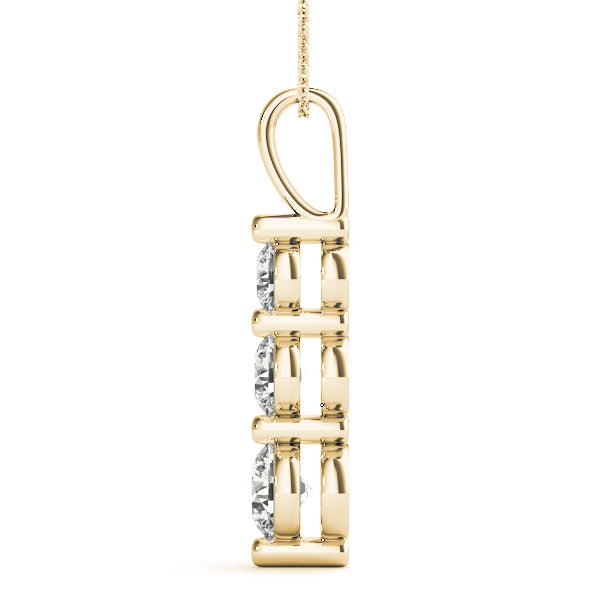 14k gold pendant featuring three round lab-grown diamonds in a vertical prong setting, symbolizing unity and balance.
