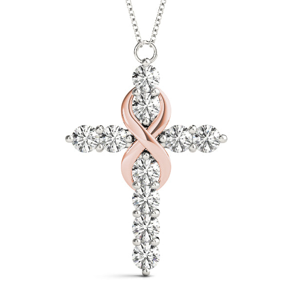 14k white gold cross pendant with intertwined infinity symbol, featuring lab-grown diamonds for eternal faith and love.