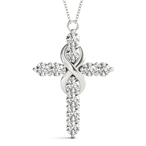 14k white gold cross pendant with intertwined infinity symbol, featuring lab-grown diamonds for eternal faith and love.