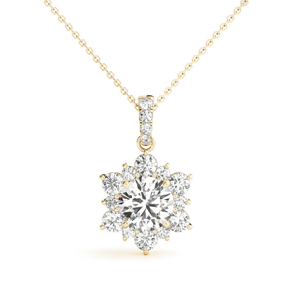14k gold sunburst pendant with lab-grown diamonds in a floral design, radiating brilliance and warmth.