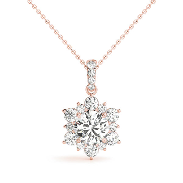 14k gold sunburst pendant with lab-grown diamonds in a floral design, radiating brilliance and warmth.