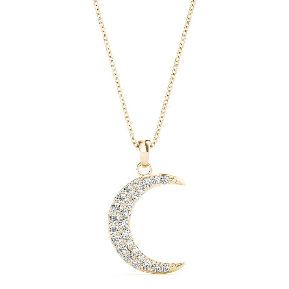 14k gold crescent moon pendant with Lovinity diamonds, symbolizing growth, renewal, and celestial elegance.
