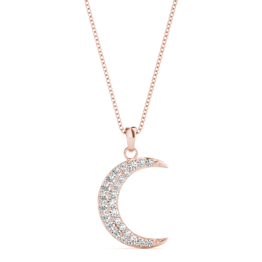 14k gold crescent moon pendant with Lovinity diamonds, symbolizing growth, renewal, and celestial elegance.