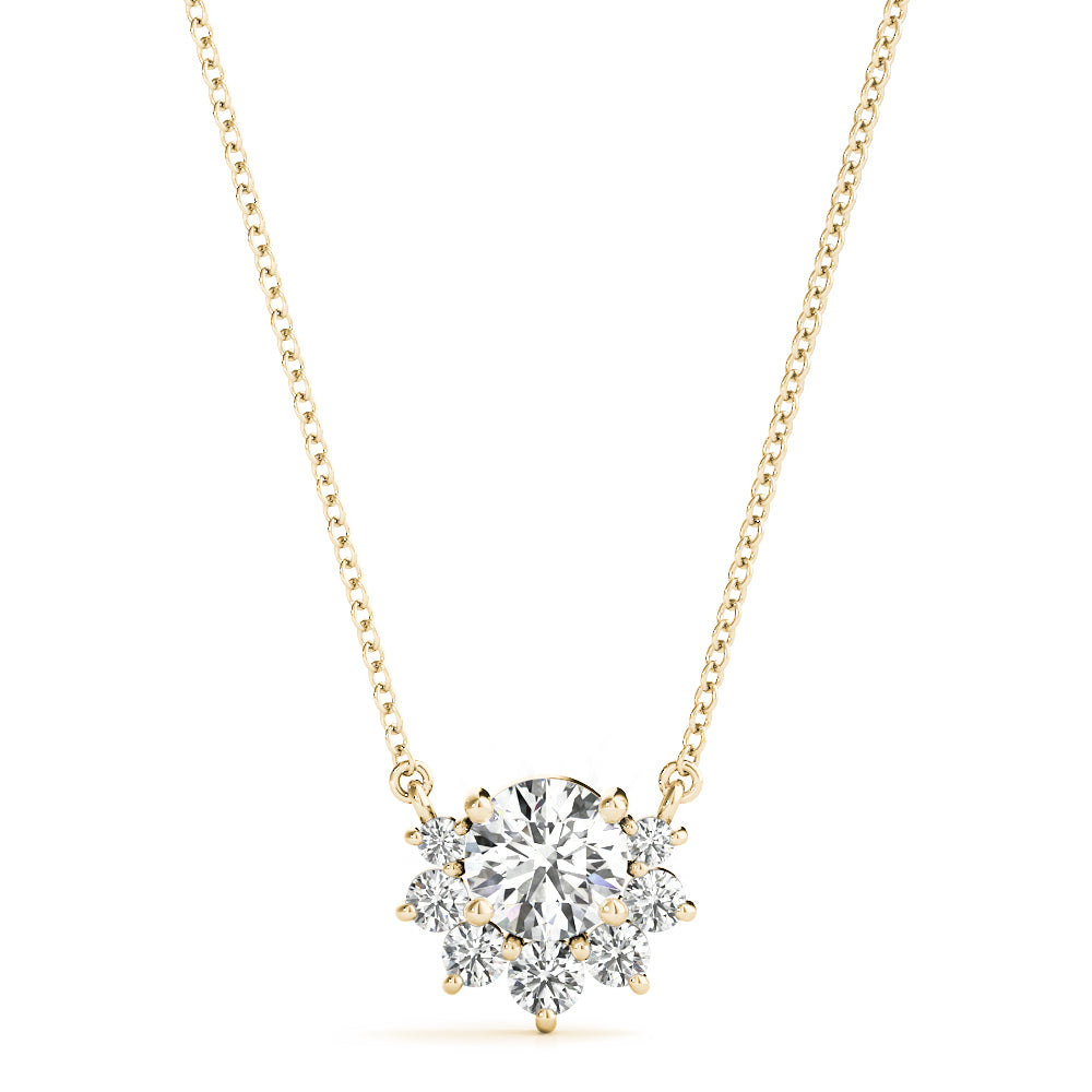 14k gold pendant featuring a central lab-grown Lovinity diamond surrounded by smaller diamonds in a floral design.