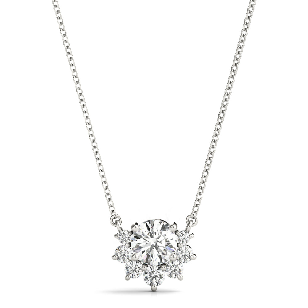 14k gold pendant featuring a central lab-grown Lovinity diamond surrounded by smaller diamonds in a floral design.