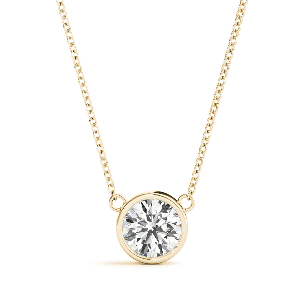 14k gold bezel-set diamond necklace featuring a single lab-grown diamond in a modern, minimalist design.