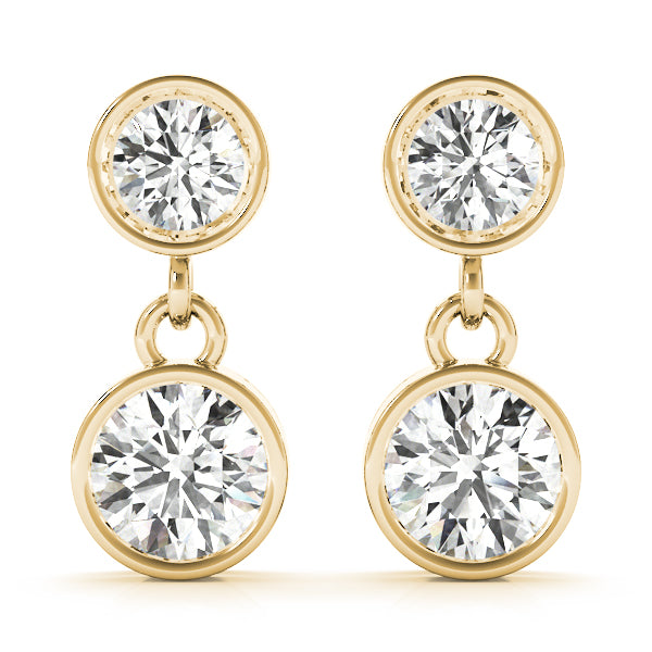14k gold bezel-set dual diamond drop earrings with lab-grown diamonds, featuring a top diamond close to the earlobe and a dangling bottom diamond for fluid movement.