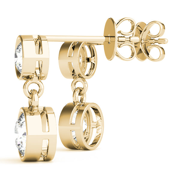 14k gold bezel-set dual diamond drop earrings with lab-grown diamonds, featuring a top diamond close to the earlobe and a dangling bottom diamond for fluid movement.