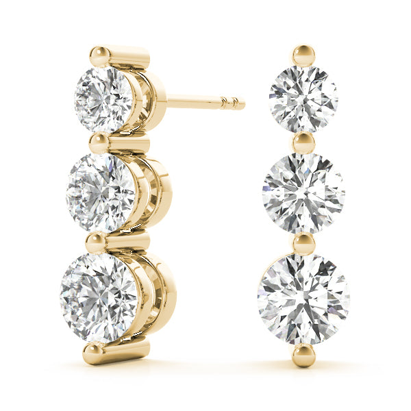 14k gold earrings with three lab-grown diamonds in a vertical design, symbolizing harmony and unity.