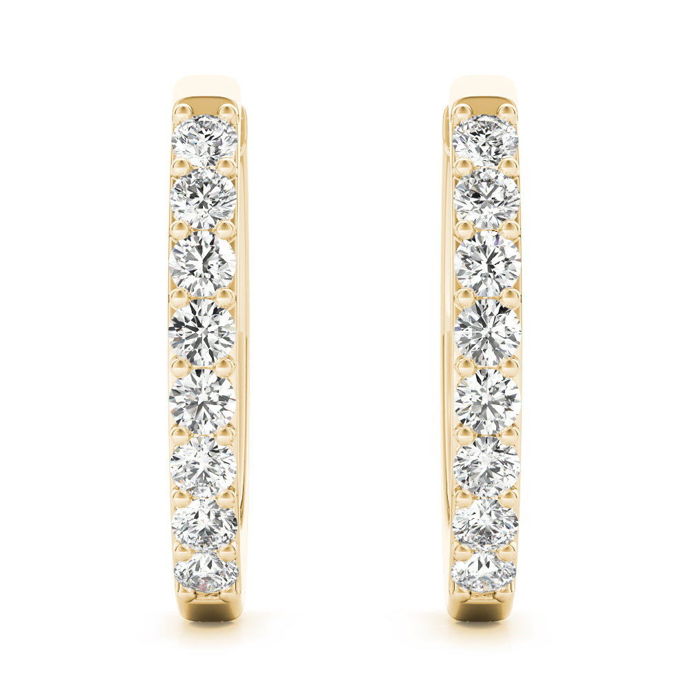 14k gold half-eternity hoop earrings with lab-grown diamonds set along the front half of each hoop.