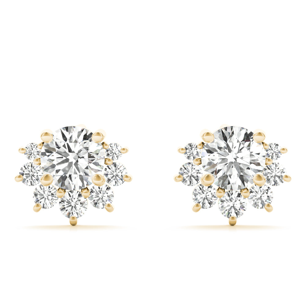 14k gold diamond blossom stud earrings with a central lab-grown diamond and a halo of smaller diamonds in a floral design.