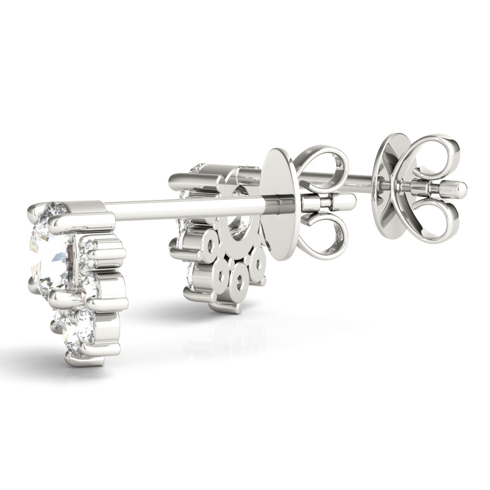 14k gold diamond blossom stud earrings with a central lab-grown diamond and a halo of smaller diamonds in a floral design.