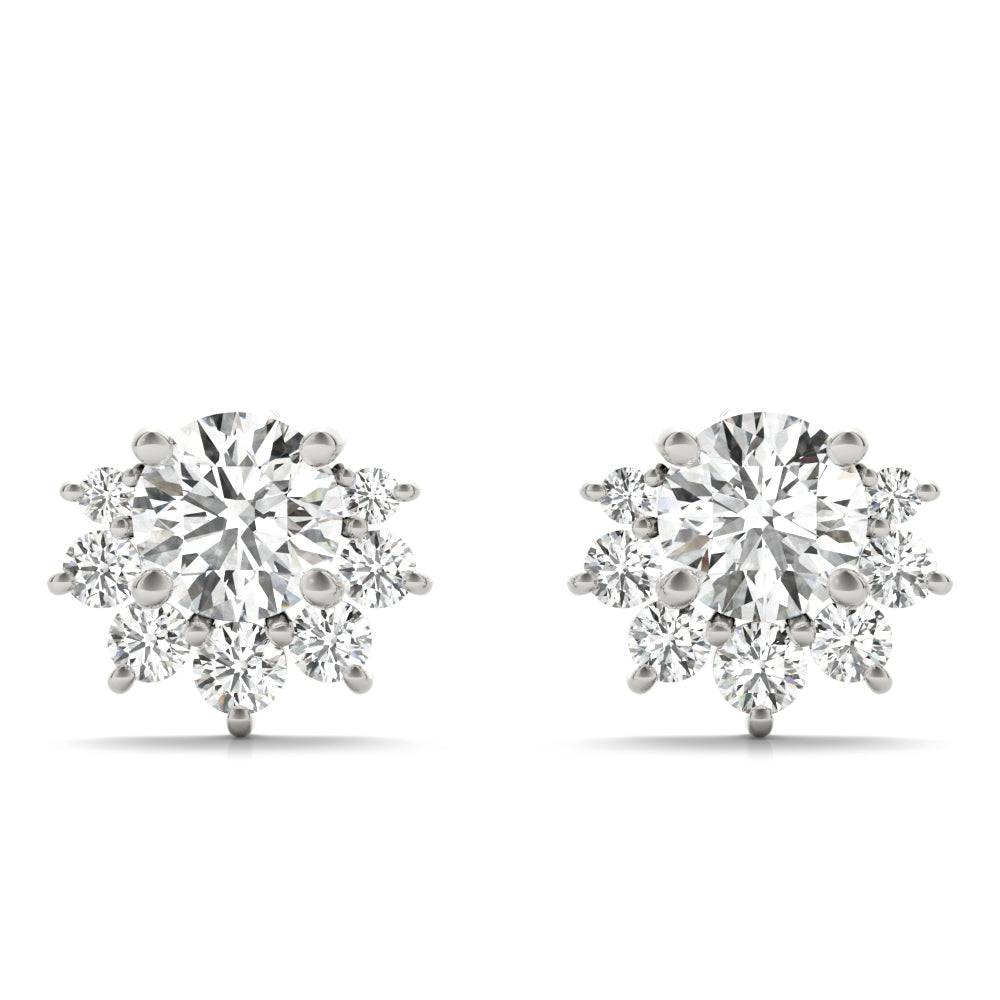 14k gold diamond blossom stud earrings with a central lab-grown diamond and a halo of smaller diamonds in a floral design.