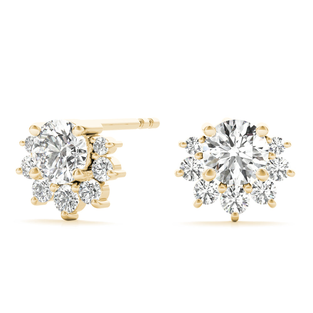 14k gold diamond blossom stud earrings with a central lab-grown diamond and a halo of smaller diamonds in a floral design.