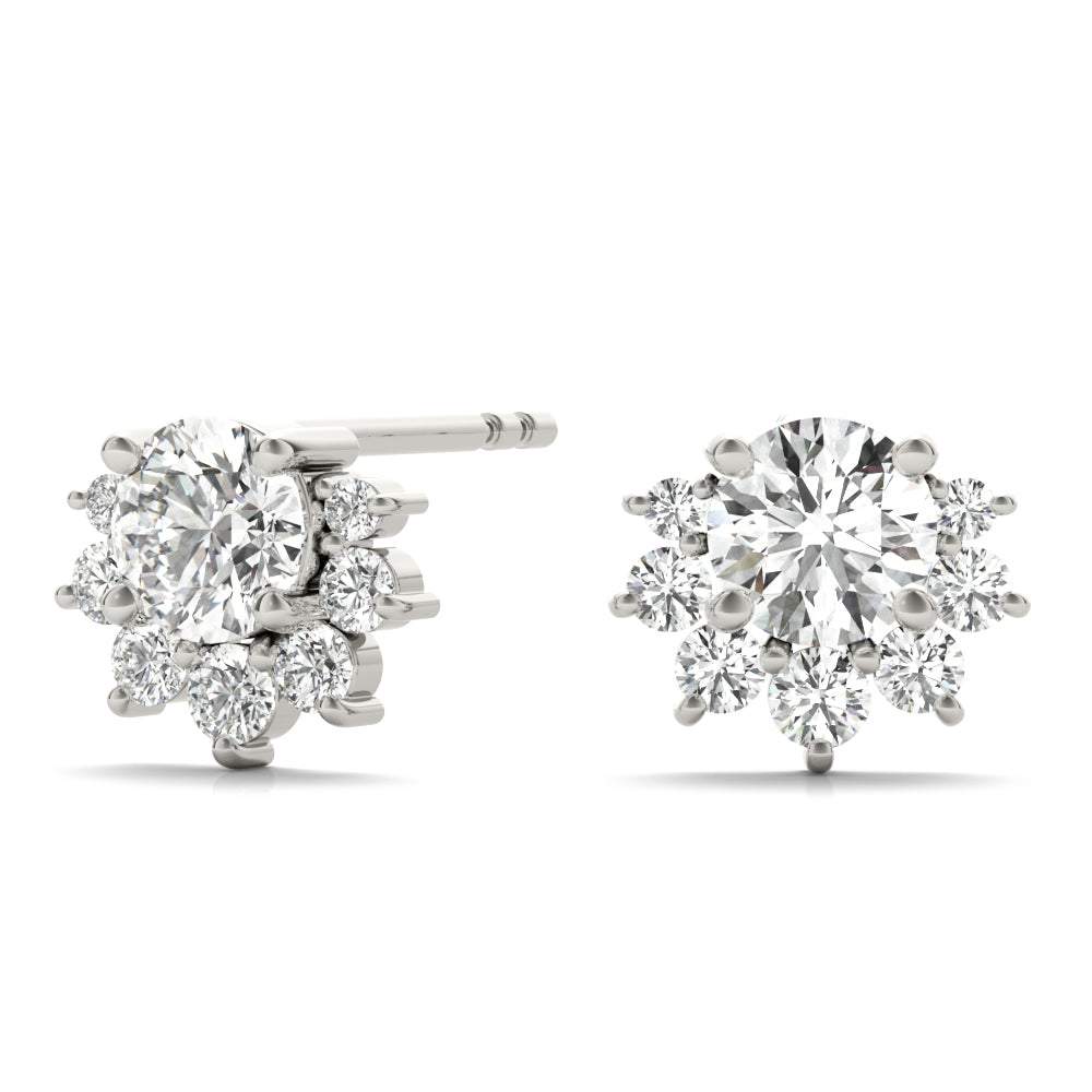 14k gold diamond blossom stud earrings with a central lab-grown diamond and a halo of smaller diamonds in a floral design.