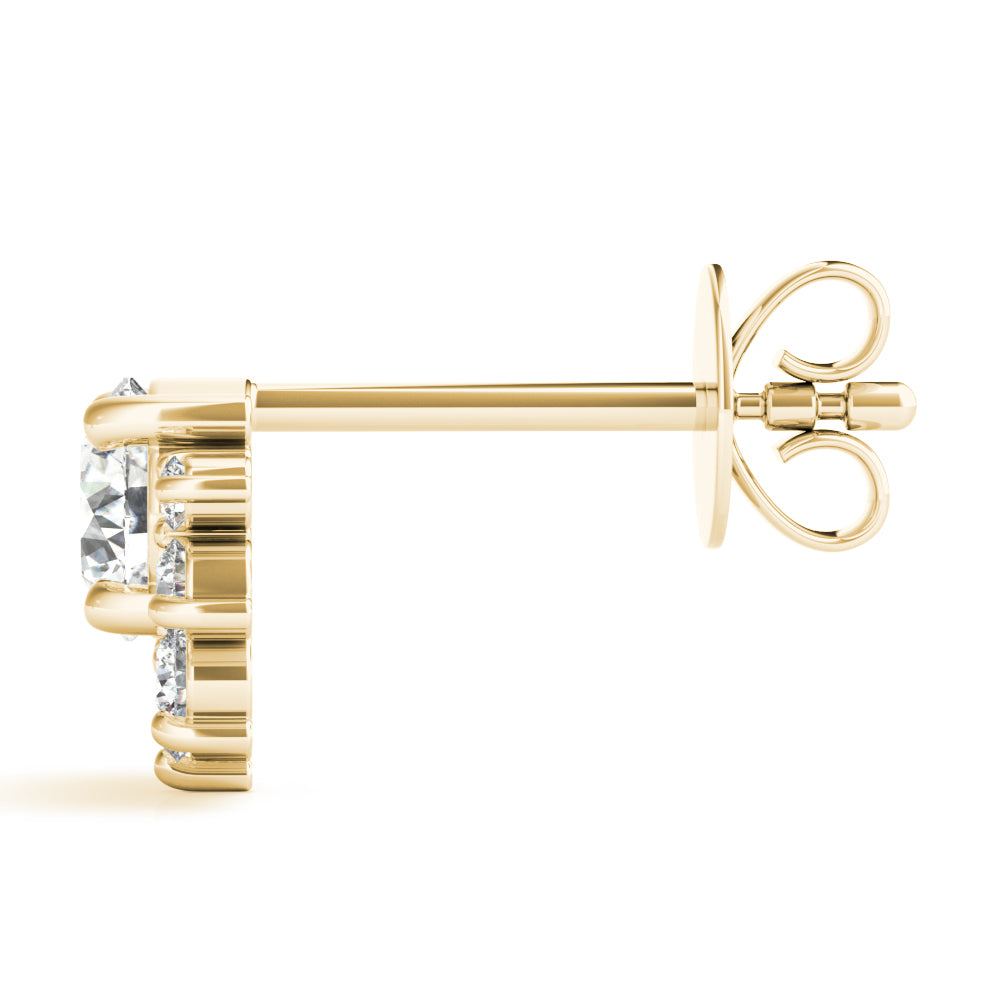 14k gold diamond blossom stud earrings with a central lab-grown diamond and a halo of smaller diamonds in a floral design.