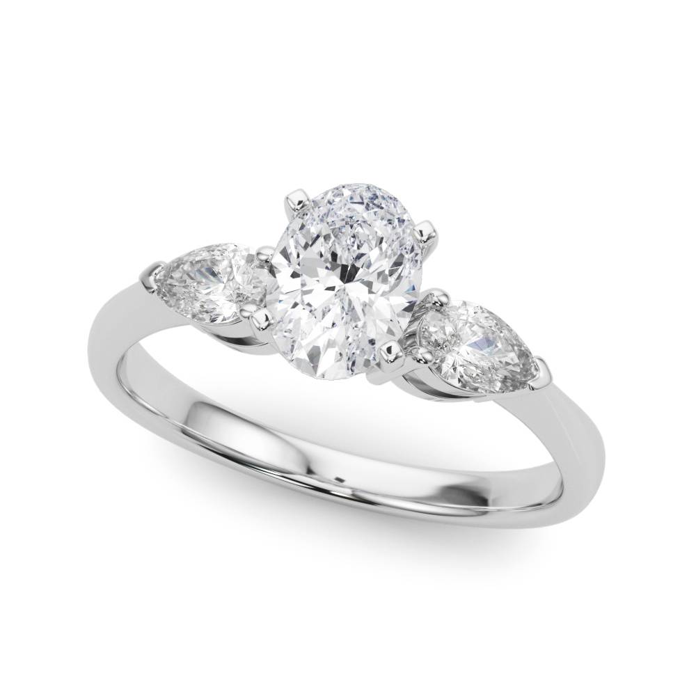 14k gold Trinity Embrace Ring with central oval lab-grown diamond and two pear-shaped diamonds.