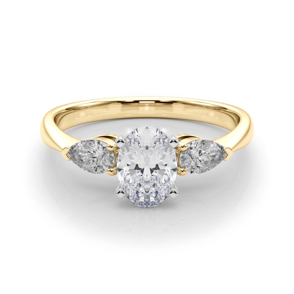 14k gold Trinity Embrace Ring with central oval lab-grown diamond and two pear-shaped diamonds.