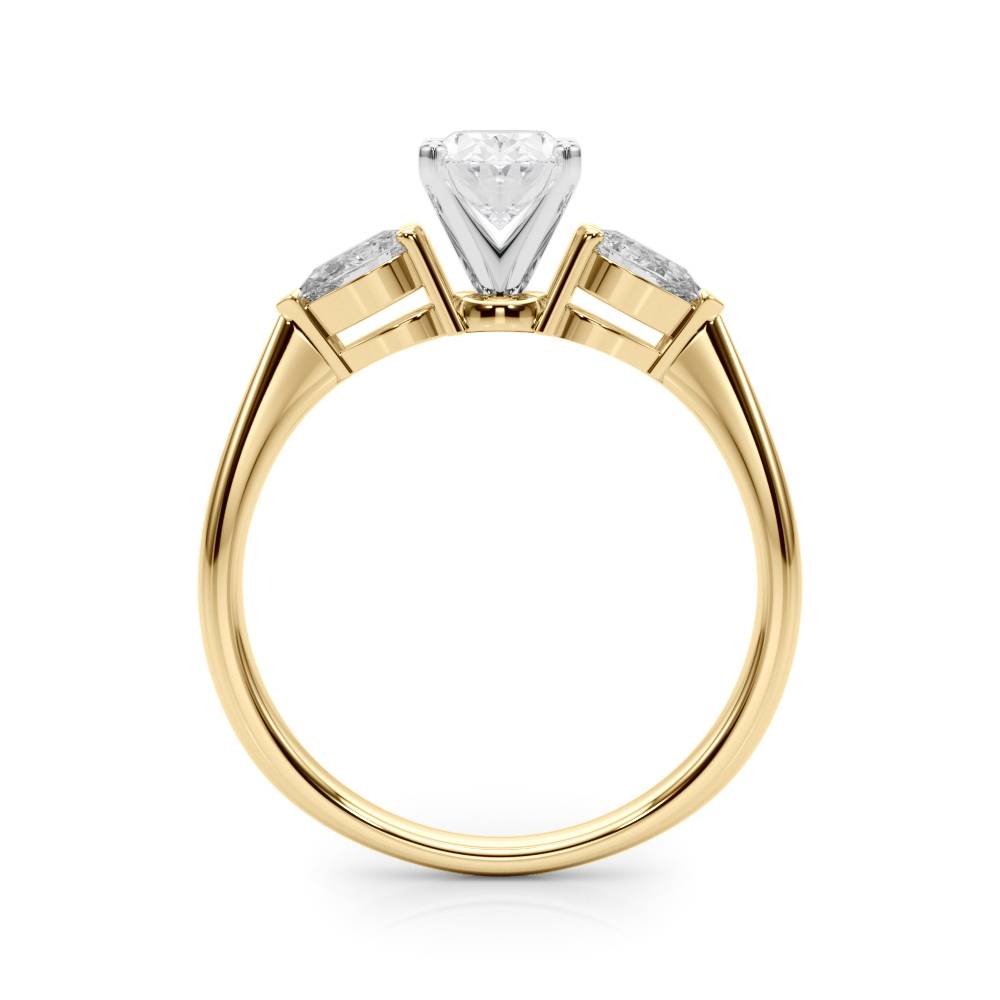 14k gold Trinity Embrace Ring with central oval lab-grown diamond and two pear-shaped diamonds.