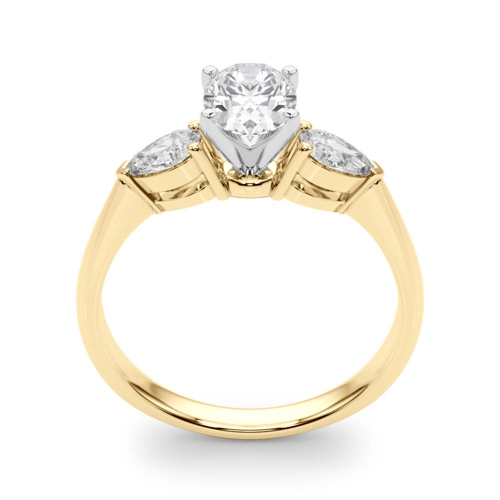 14k gold Trinity Embrace Ring with central oval lab-grown diamond and two pear-shaped diamonds.