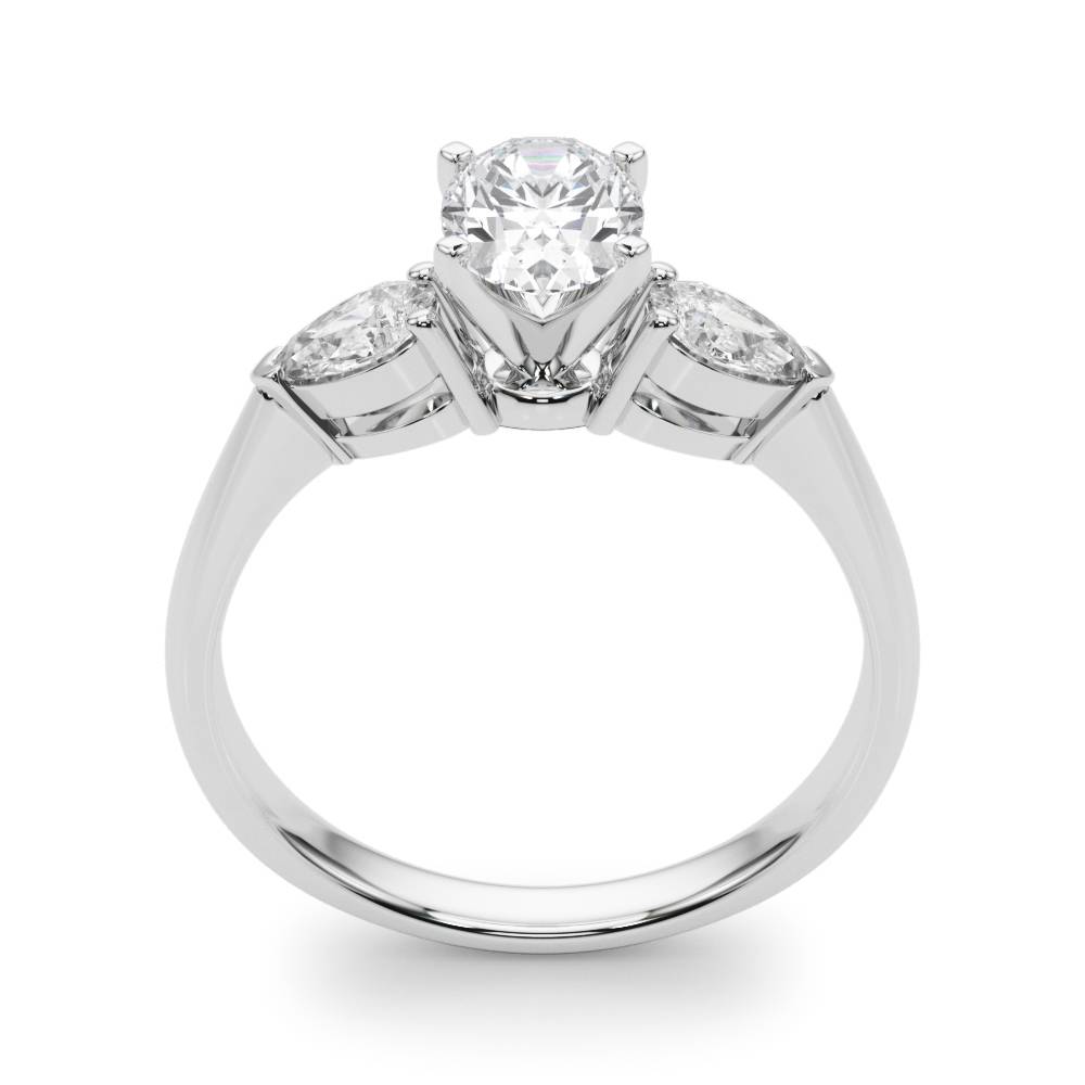 14k gold Trinity Embrace Ring with central oval lab-grown diamond and two pear-shaped diamonds.