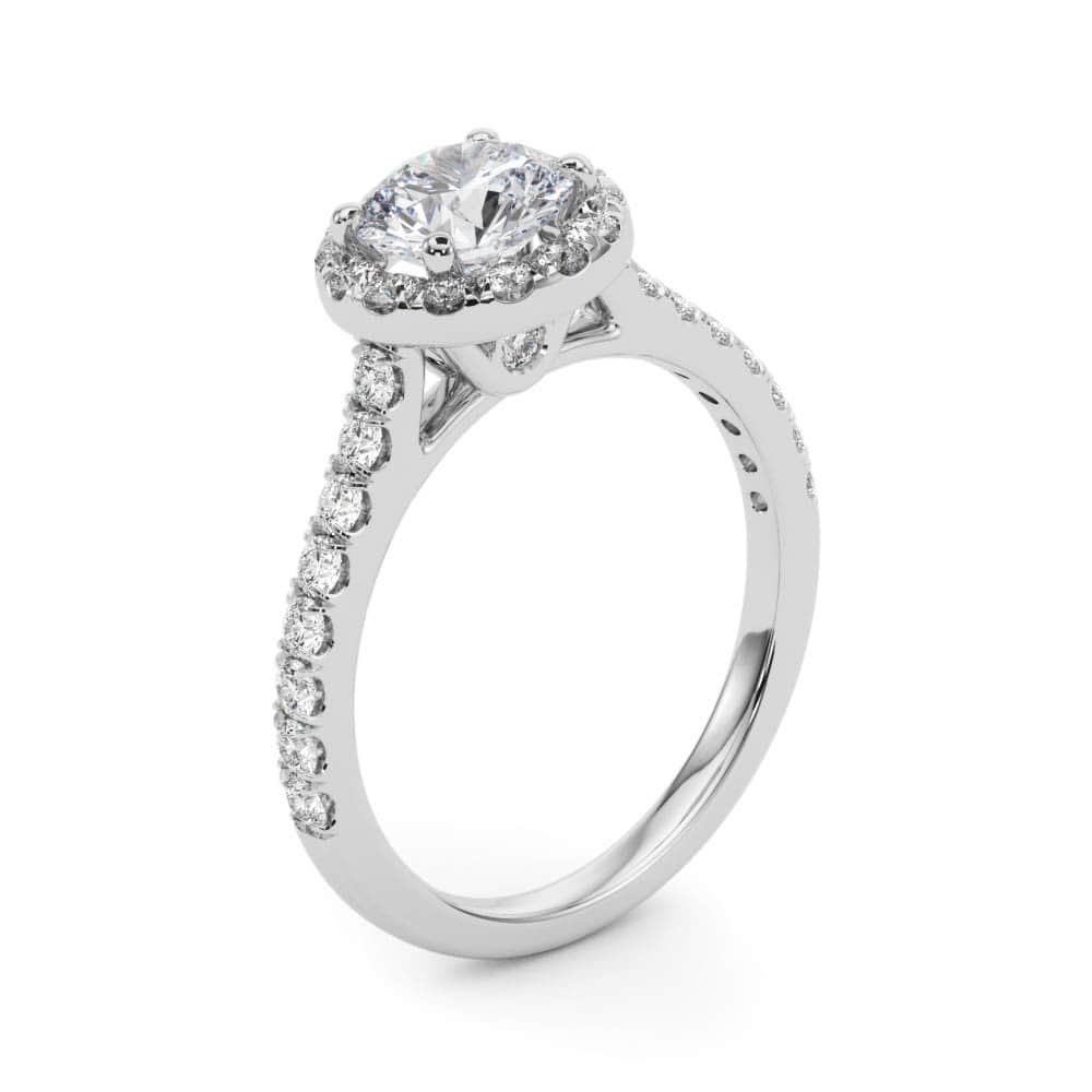 Enchanted Halo Diamond Ring in 14k gold with a central round lab-grown diamond and pave halo design.