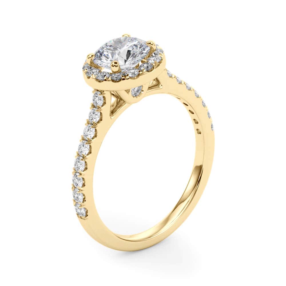 Enchanted Halo Diamond Ring in 14k gold with a central round lab-grown diamond and pave halo design.