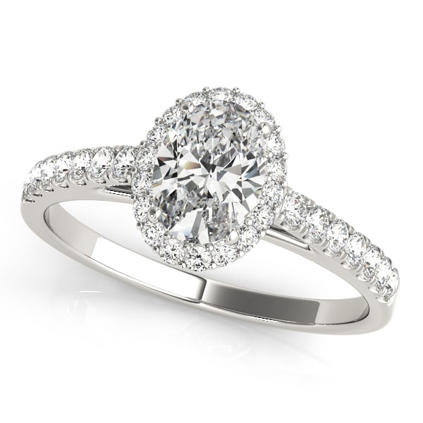 14k gold oval diamond halo engagement ring with pavé-set diamonds symbolizing eternal love.