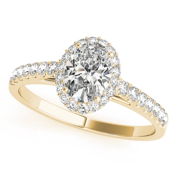 14k gold oval diamond halo engagement ring with pavé-set diamonds symbolizing eternal love.