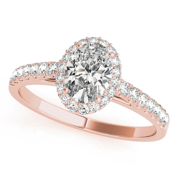14k gold oval diamond halo engagement ring with pavé-set diamonds symbolizing eternal love.