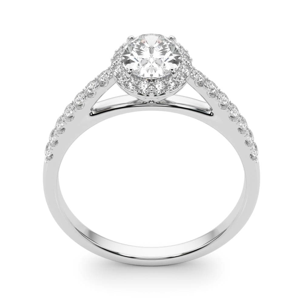 14k gold oval diamond halo engagement ring with pavé-set diamonds symbolizing eternal love.