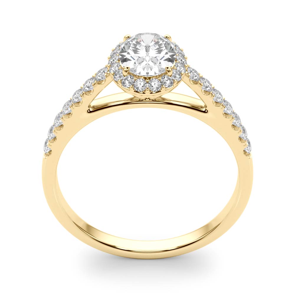 14k gold oval diamond halo engagement ring with pavé-set diamonds symbolizing eternal love.