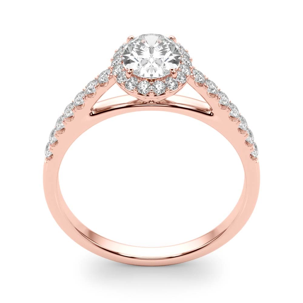 14k gold oval diamond halo engagement ring with pavé-set diamonds symbolizing eternal love.