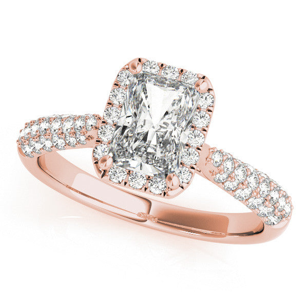 14k gold radiant cut diamond ring with halo and lab-grown diamonds.