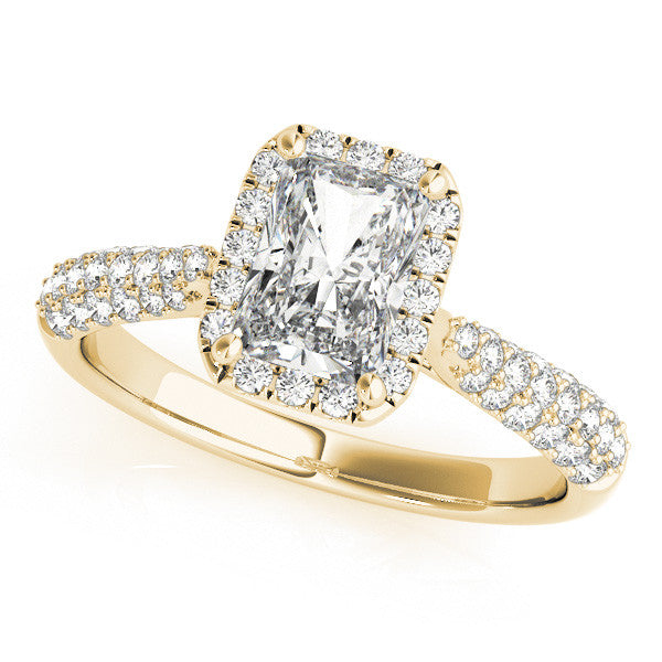 14k gold radiant cut diamond ring with halo and lab-grown diamonds.