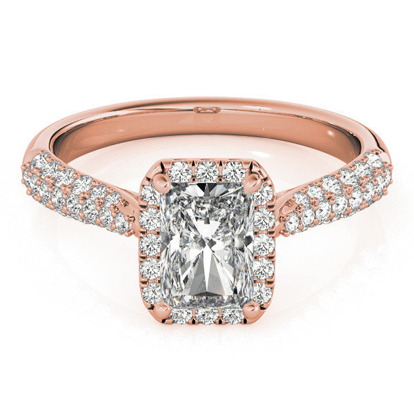 14k gold radiant cut diamond ring with halo and lab-grown diamonds.