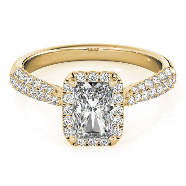 14k gold radiant cut diamond ring with halo and lab-grown diamonds.