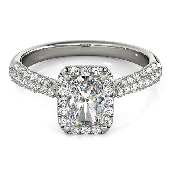 14k gold radiant cut diamond ring with halo and lab-grown diamonds.