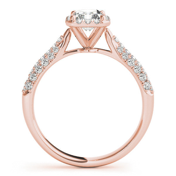 14k gold radiant cut diamond ring with halo and lab-grown diamonds.