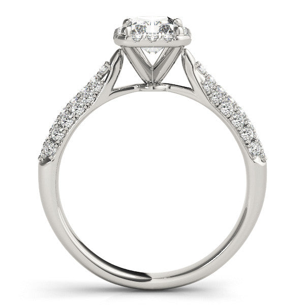 14k gold radiant cut diamond ring with halo and lab-grown diamonds.