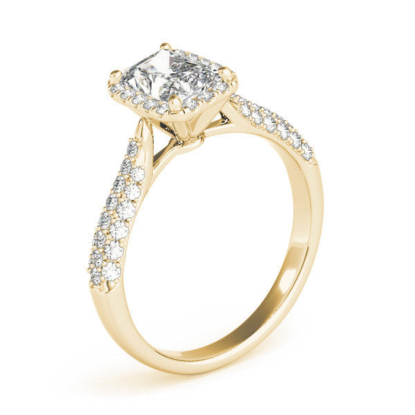 14k gold radiant cut diamond ring with halo and lab-grown diamonds.