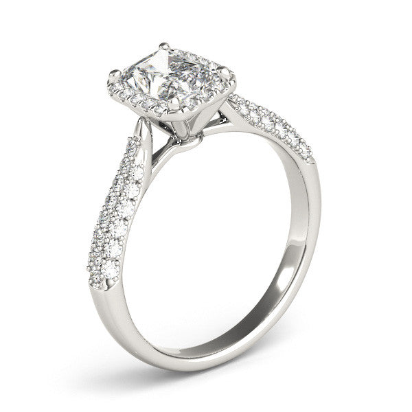 14k gold radiant cut diamond ring with halo and lab-grown diamonds.