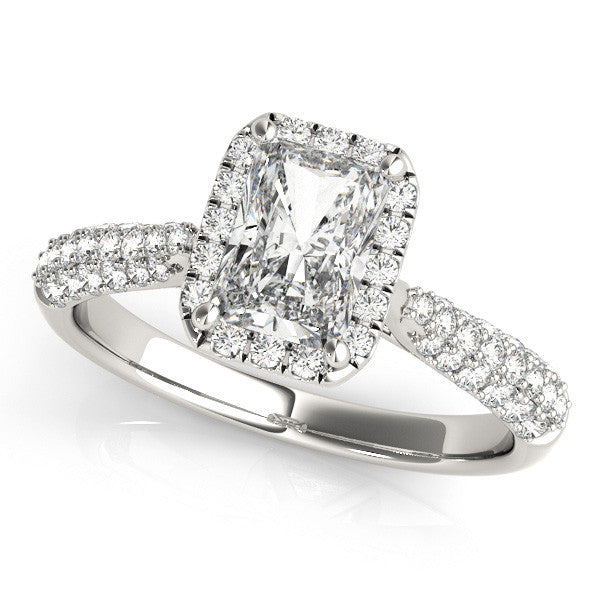 14k gold radiant cut diamond ring with halo and lab-grown diamonds.