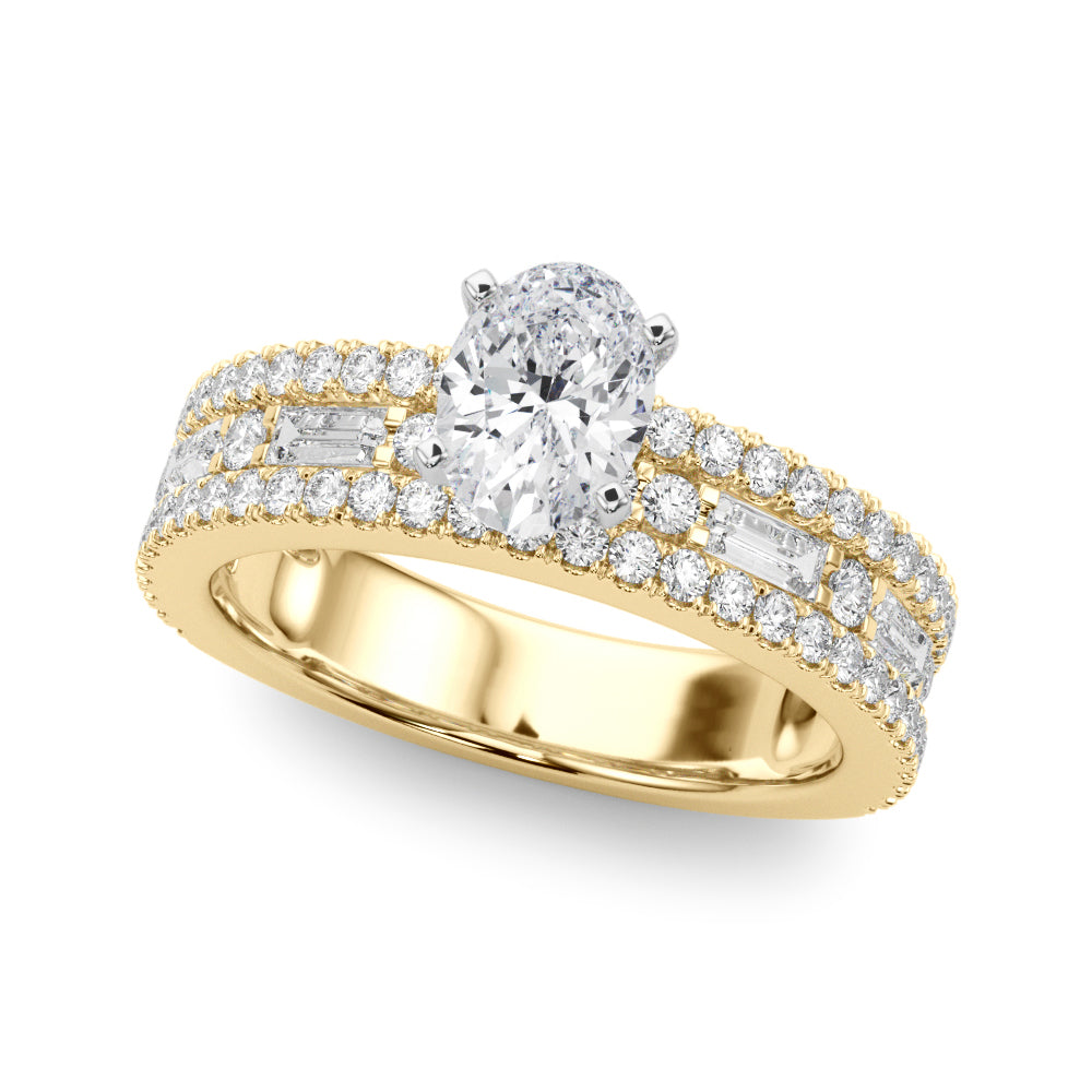 Oval center stone ring with pavé and baguette diamond accents.
Elegant diamond ring featuring an oval centerpiece and cascading accents.
Bonded Brilliance Ring with layered diamonds symbolizing unity.