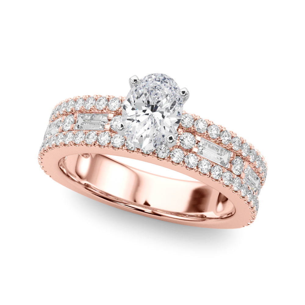 Oval center stone ring with pavé and baguette diamond accents.
Elegant diamond ring featuring an oval centerpiece and cascading accents.
Bonded Brilliance Ring with layered diamonds symbolizing unity.