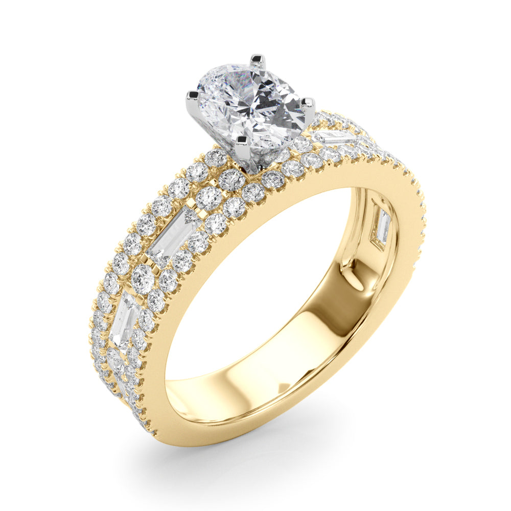 Oval center stone ring with pavé and baguette diamond accents.
Elegant diamond ring featuring an oval centerpiece and cascading accents.
Bonded Brilliance Ring with layered diamonds symbolizing unity.