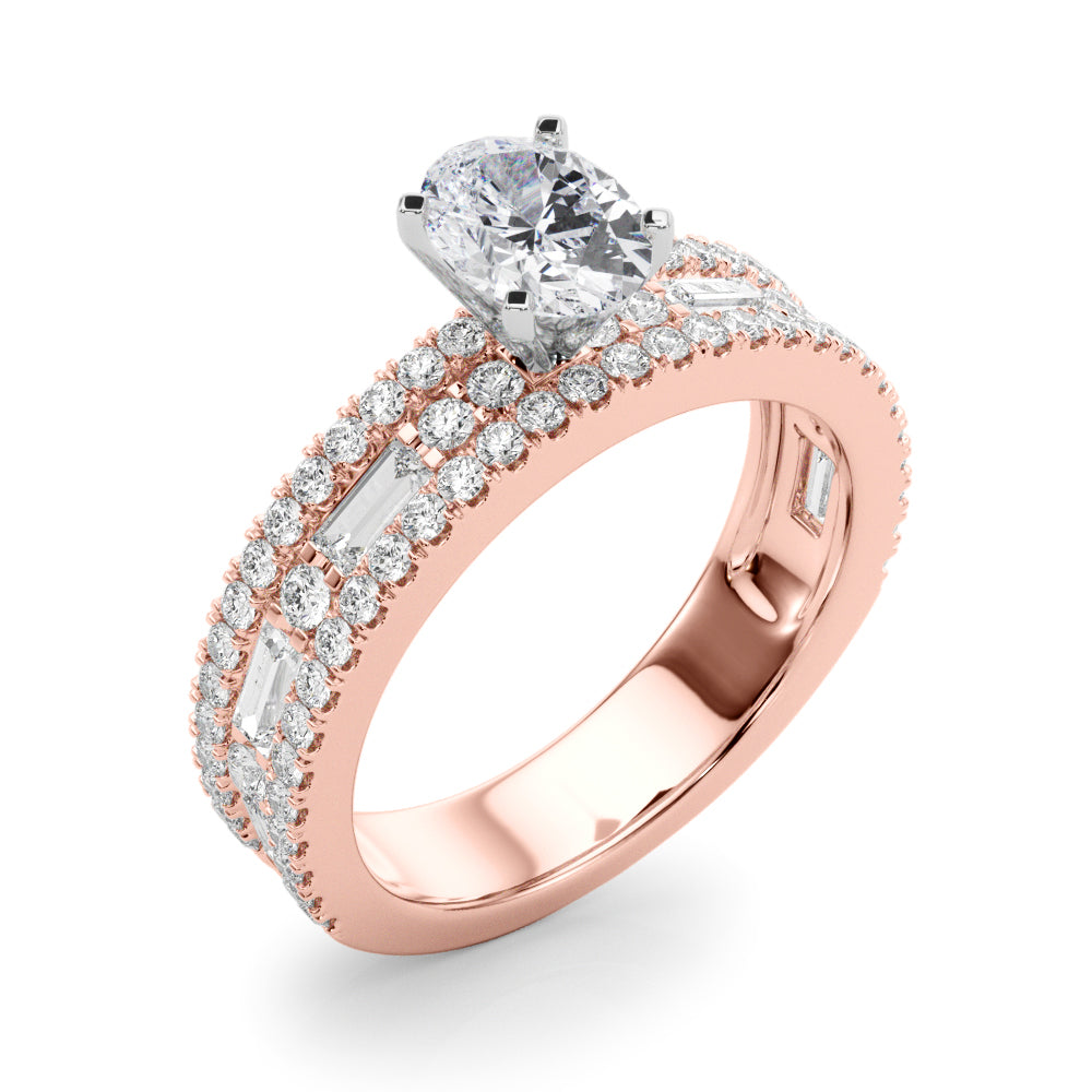 Oval center stone ring with pavé and baguette diamond accents.
Elegant diamond ring featuring an oval centerpiece and cascading accents.
Bonded Brilliance Ring with layered diamonds symbolizing unity.