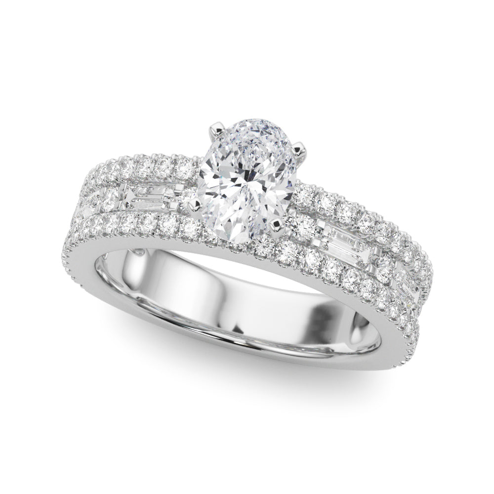Oval center stone ring with pavé and baguette diamond accents.
Elegant diamond ring featuring an oval centerpiece and cascading accents.
Bonded Brilliance Ring with layered diamonds symbolizing unity.