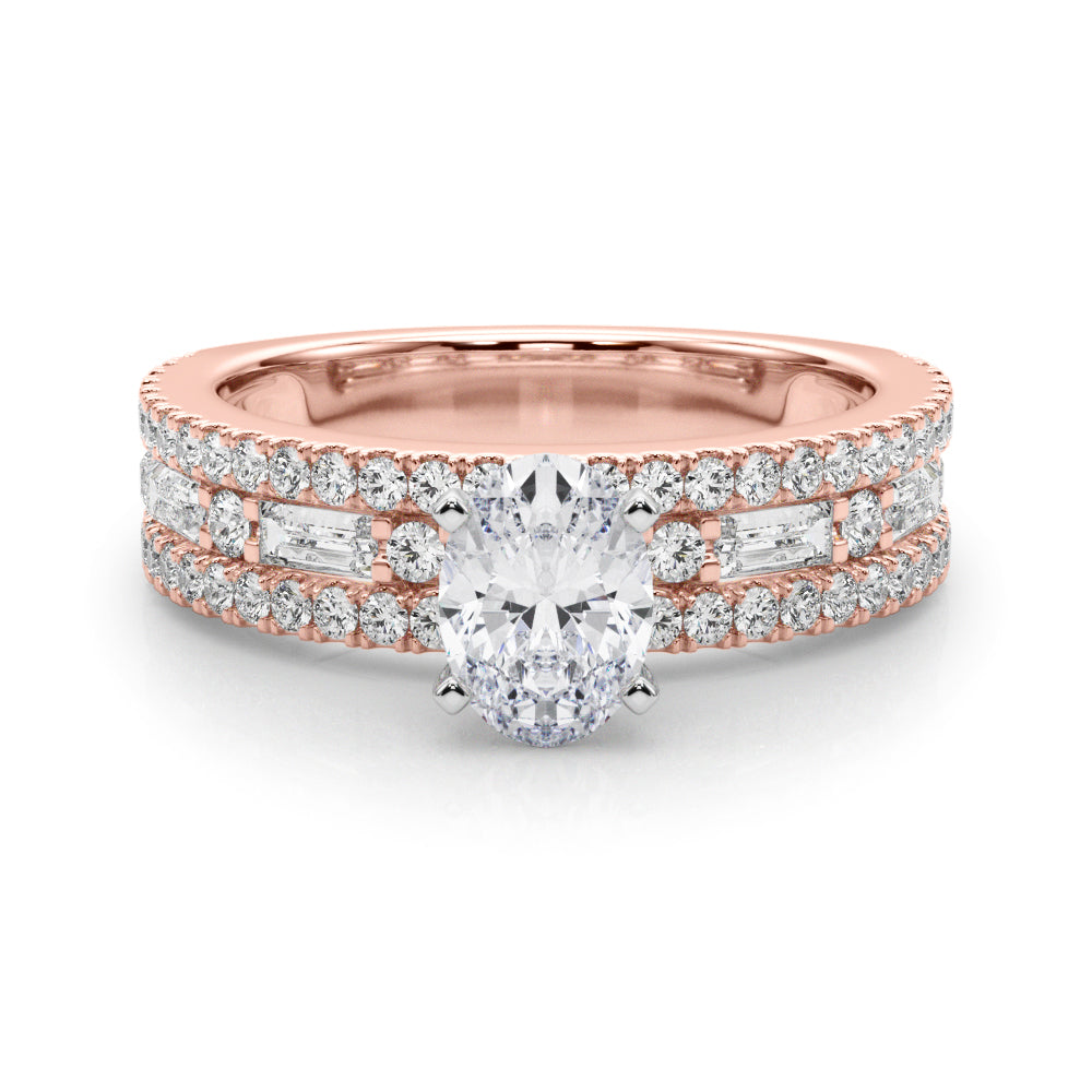 Oval center stone ring with pavé and baguette diamond accents.
Elegant diamond ring featuring an oval centerpiece and cascading accents.
Bonded Brilliance Ring with layered diamonds symbolizing unity.